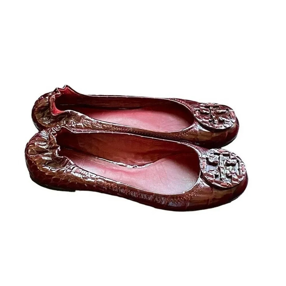 Tory Burch Minnie Travel Ballet Leather Burgundy Womens Casual US 6 M Slip Ons